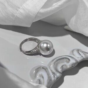 Adjustable Ring with Large White Pearl, S925 Sterling Silver, Platinum Plated